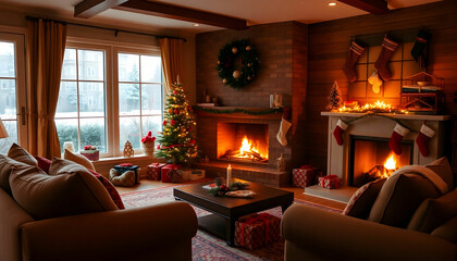 A cozy living room with a roaring fireplace, stockings, and wrapped gifts