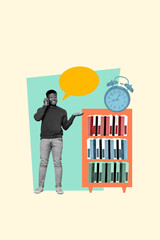 Vertical collage young man cellphone call communication alarm bell deadline time management bookshelf worker textbox message speech