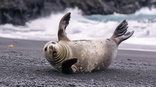 Playful seal lying on its back on a beach, its flippers raised as waves crash nearby