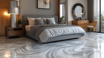 A serene bedroom setup with a grey king-size bed, marble flooring with silver wave patterns, warm wooden furniture, a striking contemporary lamp, and a large mirror amplifying the room's space.