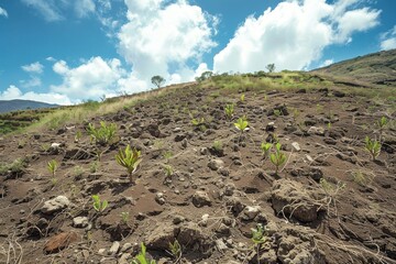 An eroded hillside with exposed soil and sparse, struggling plants, illustrating the impact of poor land management and environmental degradation on rural landscapes.