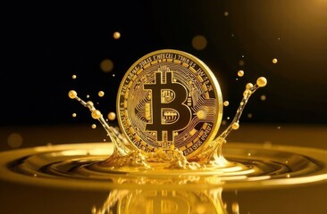 Gold Bitcoin coin diving into liquid gold pool