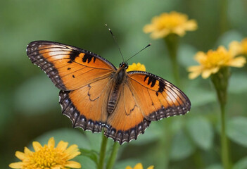 Fototapeta premium Monarch butterfly, vibrant orange wings, black veins, white spots, yellow flowers, green leaves, soft focus background, macro photography, detailed wings, nature close-up, delicate insect, pollinator,
