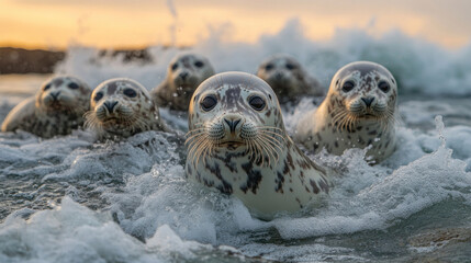 A pod of seals basking on rocky shores, with waves crashing in the background