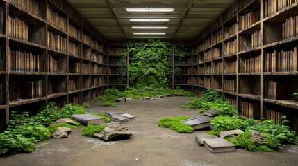 An abandoned library overrun by greenery, featuring towering bookshelves and scattered debris, blending nature with forgotten knowledge.