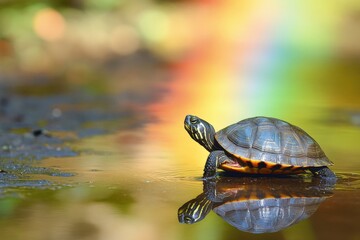 turtle basking by the water with a colorful reflection