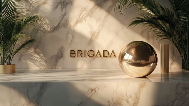 Golden Brigada: A sleek and modern product display featuring the word "BRIGADA" in gold against a backdrop of marble, palm leaves, and a glistening sphere. This image exudes luxury and sophistication.