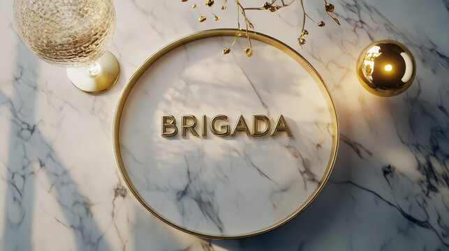 Golden Brigada Logo: A sophisticated and elegant logo design for the brand "Brigada," featuring a golden inscription set against a marble backdrop. This visual emphasizes prestige, luxury.