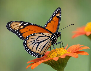 Obraz premium Monarch butterfly, vibrant orange wings, black veins, white spots, yellow flowers, green leaves, soft focus background, macro photography, detailed wings, nature close-up, delicate insect, pollinator,