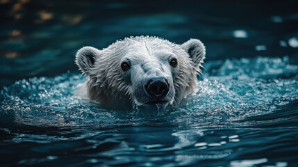Fototapeta premium A polar bear swimming in icy blue waters, its fur sparkling with droplets