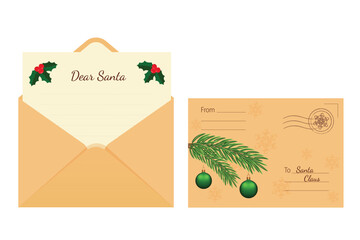 Letter to Santa Claus. Vector illustration of envelope, letter snowflakes, fir branch and holly.