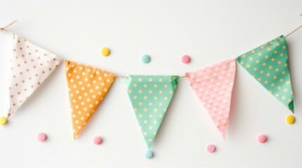 Obraz premium Colorful Party Bunting with Polka Dots and Decorative Candy on White Background for Celebrations and Events