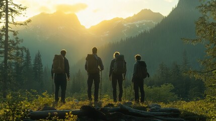 Hikers admire sunset mountain view. (1)