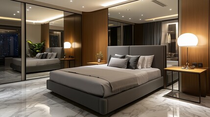 A sophisticated bedroom with a grey king-size bed, marble flooring, a sleek wooden table, a contemporary lamp, and a large reflective mirror that adds elegance.