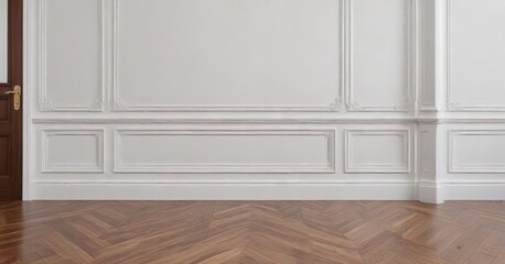 Elegant white wall with intricate classic style moulding and glossy wooden floors, white, wooden, wall