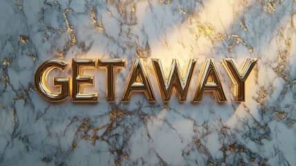 Golden Getaway: A luxurious escape, beckoning with the allure of adventure and relaxation.  The word "getaway" is crafted in gleaming gold,  set against a backdrop of elegant marble.