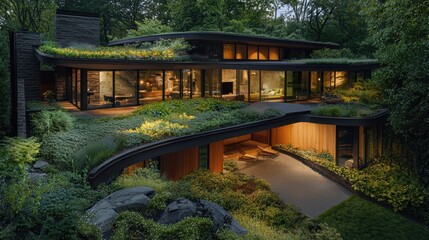 Obraz premium Modern architectural design with green landscaping and glass facade