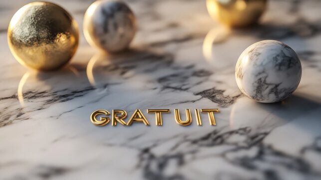 Golden Gratuit:  A close-up shot of the word "GRATUIT" spelled out in gold letters on a marble background, surrounded by golden and marble spheres. This image evokes feelings of luxury, value.