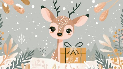 Fototapeta premium Illustration of a Cute Deer with Antlers and Winter Elements and a Gift Box, Perfect for Christmas Holiday Themes and Festive Designs