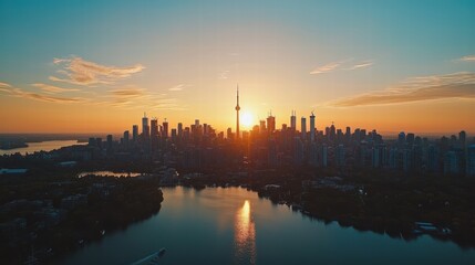 Naklejka premium Majestic Toronto Skyline at Sunset with Reflection on Water