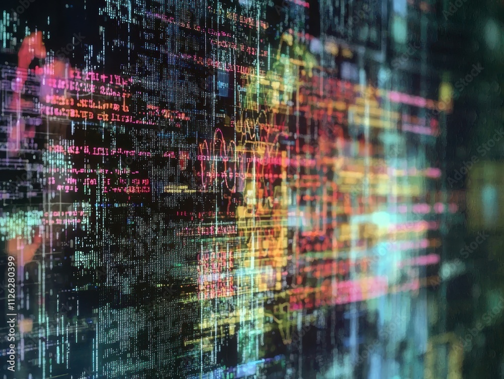 Poster abstract digital glitch art with colorful data patterns and lines