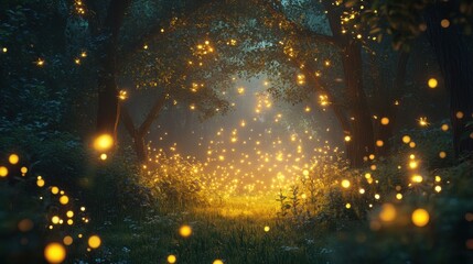 Enchanting firefly-lit forest path at night.