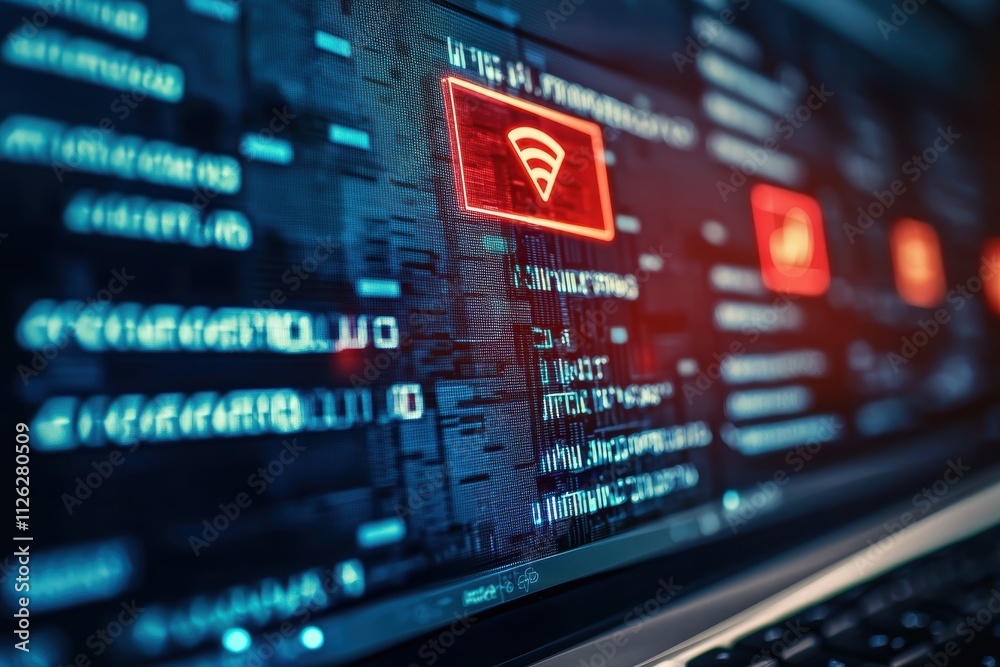 Poster digital security alert with wifi signal and data code background