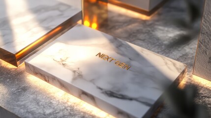 Next Gen Marble: A minimalistic and elegant image of a marble box with the inscription "Next Gen" in gold, bathed in warm sunlight. This photo embodies the future, innovation, and luxury. 