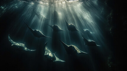 A school of manta rays gliding effortlessly through the ocean depths, illuminated by sunlight