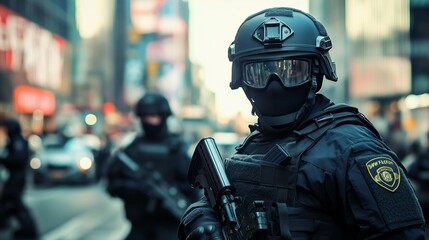 special force person tactical gear holding gun standing in an urban city environment concept of law enforcement in city