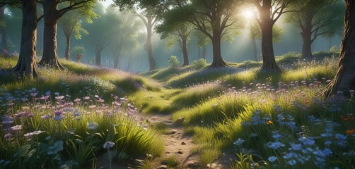 Naklejka premium Enchanted wildflower meadow in a magical forest clearing, mystical, magical, greenery, lush, flora