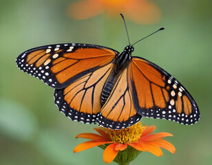 Monarch butterfly, vibrant orange wings, black veins, white spots, yellow flowers, green leaves, soft focus background, macro photography, detailed wings, nature close-up, delicate insect, pollinator,