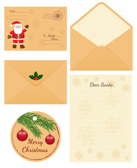 Letter to Santa Claus. Set consisting of vector illustration of envelope, letter and gift tag with image of Santa, snowflakes, fir branch and holly.