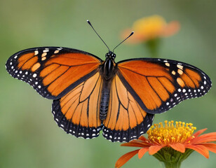 Naklejka premium Monarch butterfly, vibrant orange wings, black veins, white spots, yellow flowers, green leaves, soft focus background, macro photography, detailed wings, nature close-up, delicate insect, pollinator,