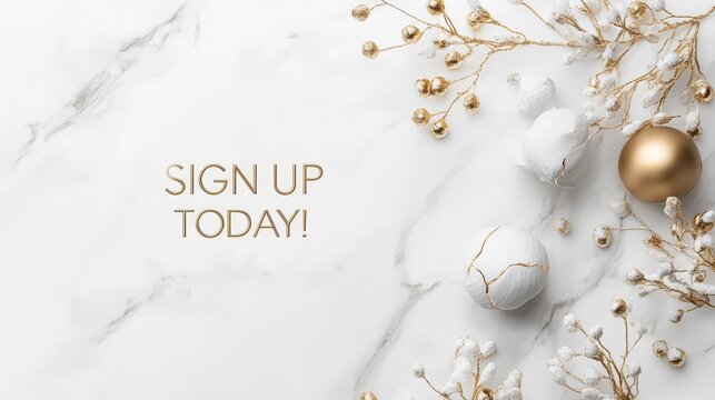 Sign Up Today:  Elegant white marble background with  gold accents and  twigs,  a  perfect  backdrop  for  your  sign  up  call  to  action. - Powered by Adobe
