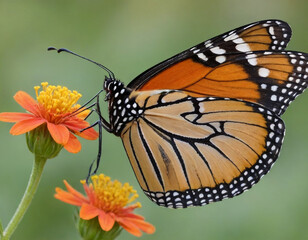 Fototapeta premium Monarch butterfly, vibrant orange wings, black veins, white spots, yellow flowers, green leaves, soft focus background, macro photography, detailed wings, nature close-up, delicate insect, pollinator,