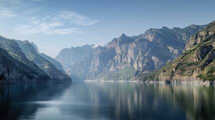 A picturesque scene of a beautiful spot with towering mountains and clear waters, bright sunny day, professional enviroment photography