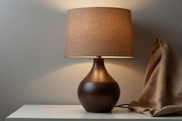 Modern table lamp with beige shade illuminating a minimalist interior