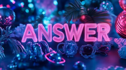Neon Answer:  A vibrant, stylized image featuring the word "ANSWER" in glowing pink neon letters, surrounded by futuristic, tropical elements and iridescent baubles.