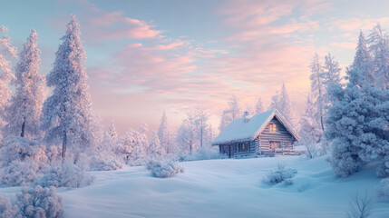 Naklejka premium A tranquil snowy retreat in pastel shades, featuring a cozy cabin and glistening trees under a soft sky.