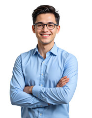 A young business man with smiling face and wearing glasses standing confidently with arms crossed isolated on a transparent background