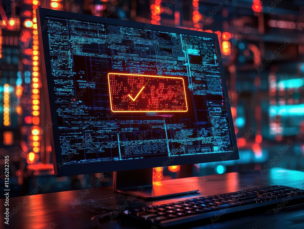 Poster computer screen display with data visualization and green checkmark