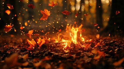 Autumn bonfire with falling leaves in forest.