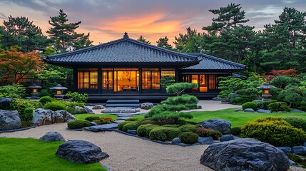 Obraz premium Serene Japanese-Style House and Garden at Sunset.
