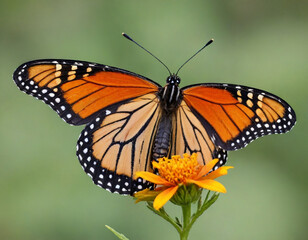 Naklejka premium Monarch butterfly, vibrant orange wings, black veins, white spots, yellow flowers, green leaves, soft focus background, macro photography, detailed wings, nature close-up, delicate insect, pollinator,