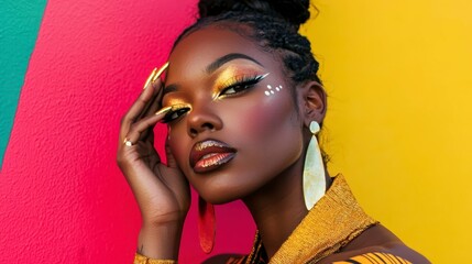 A stunning portrait of a woman with bold makeup and striking colors, showcasing vibrant yellow and colorful backgrounds.