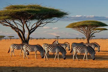 Obraz premium Group of the zebras are in a sunny day on the savannah. AI Generated