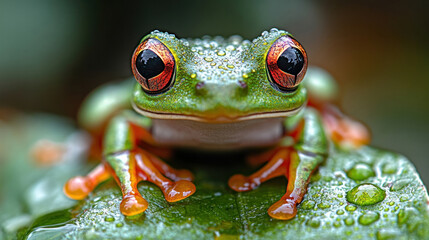 Fototapeta premium A tiny frog sitting on a leaf with raindrops glistening around it