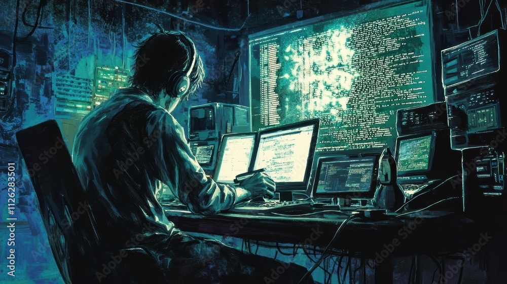 Poster cybersecurity expert analyzing data in a dark tech environment