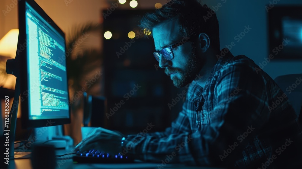 Poster focused programmer working late at night with computer screen glow